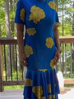 Blue & Yellow Floral Tiered Hem Women's Dress